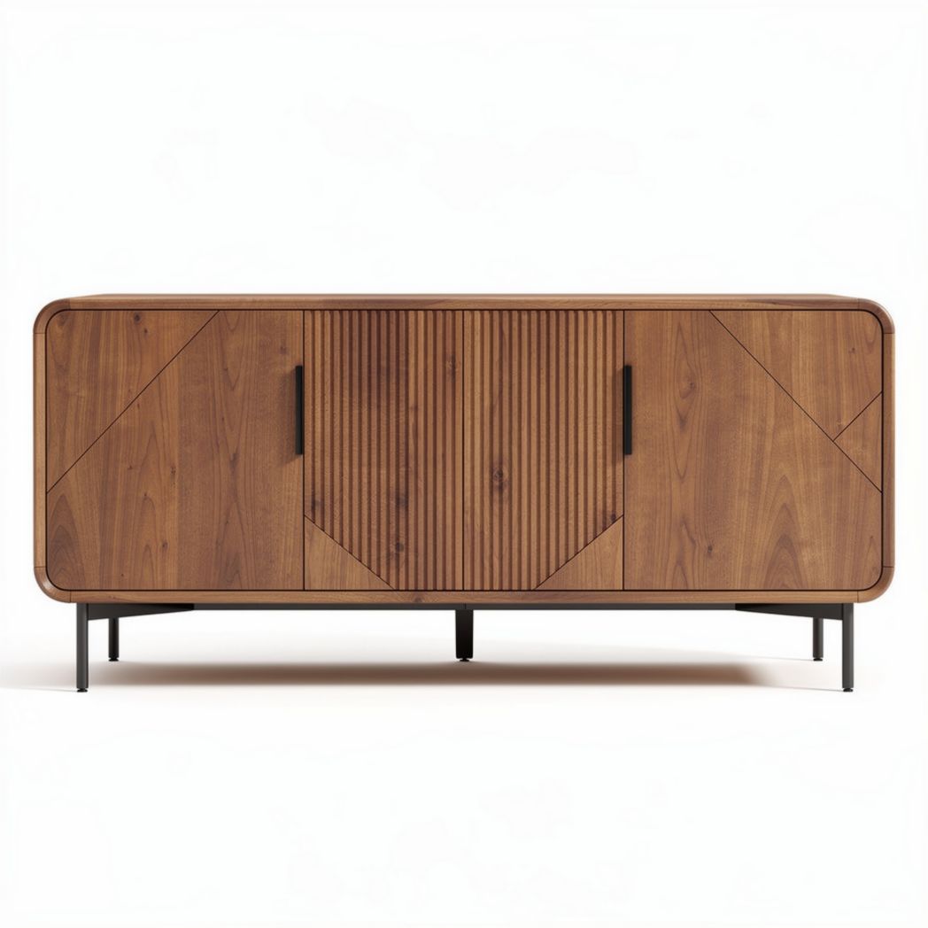 Wooden media console with geometric design and black metal legs 120 x 40 x 50cm
