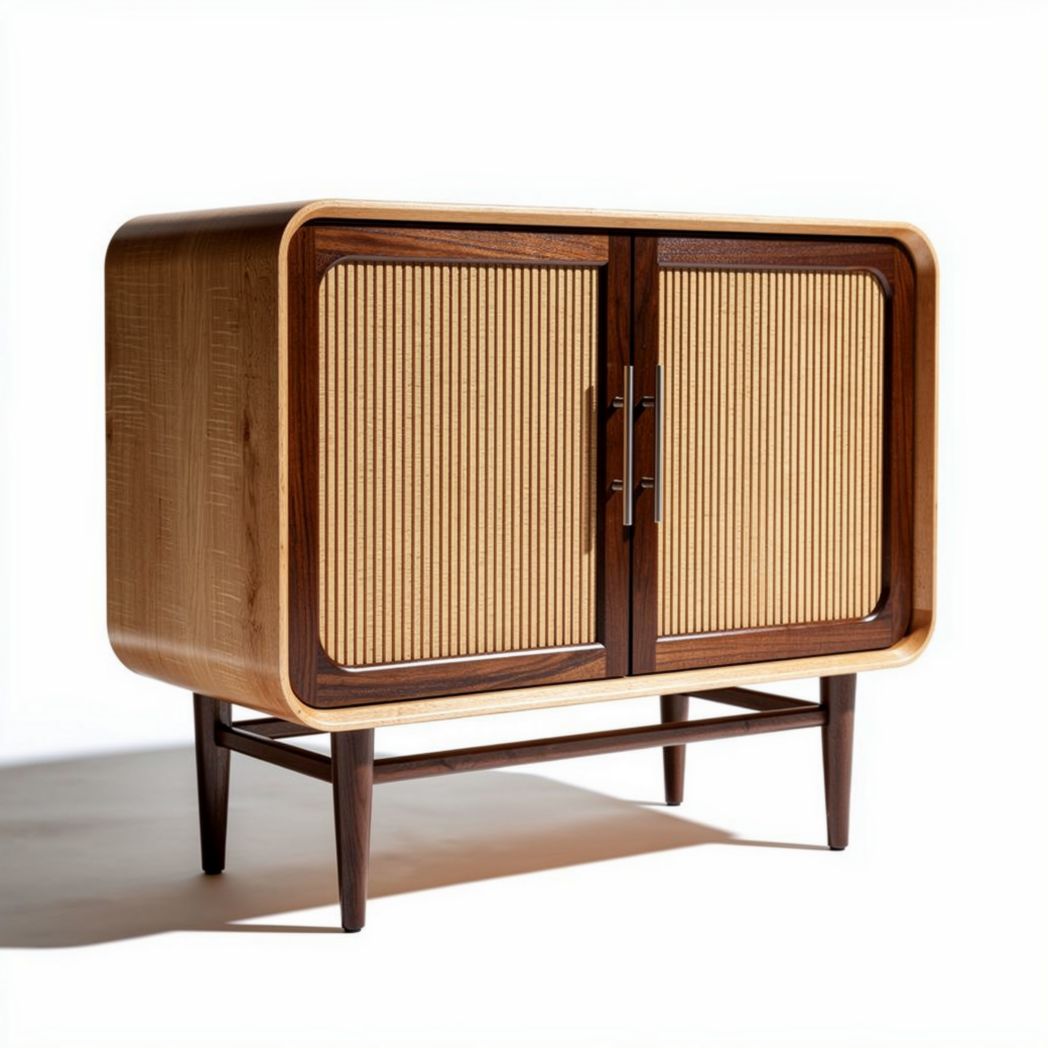 Wooden storage cabinet with ribbed doors and tapered legs 100 x 50 x 80cm