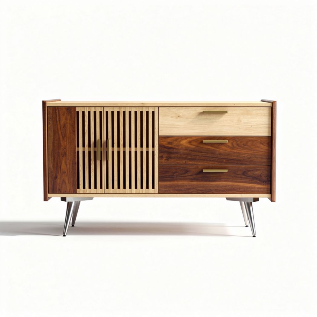 Wooden sideboard with slatted doors and three drawers 120 x 40 x 75cm