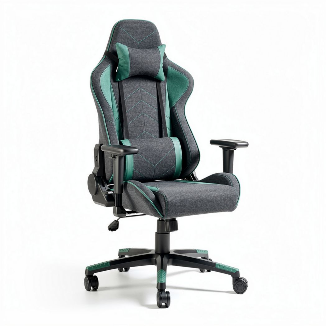 Ergonomic gaming chair with adjustable lumbar support and grey-green fabric upholstery