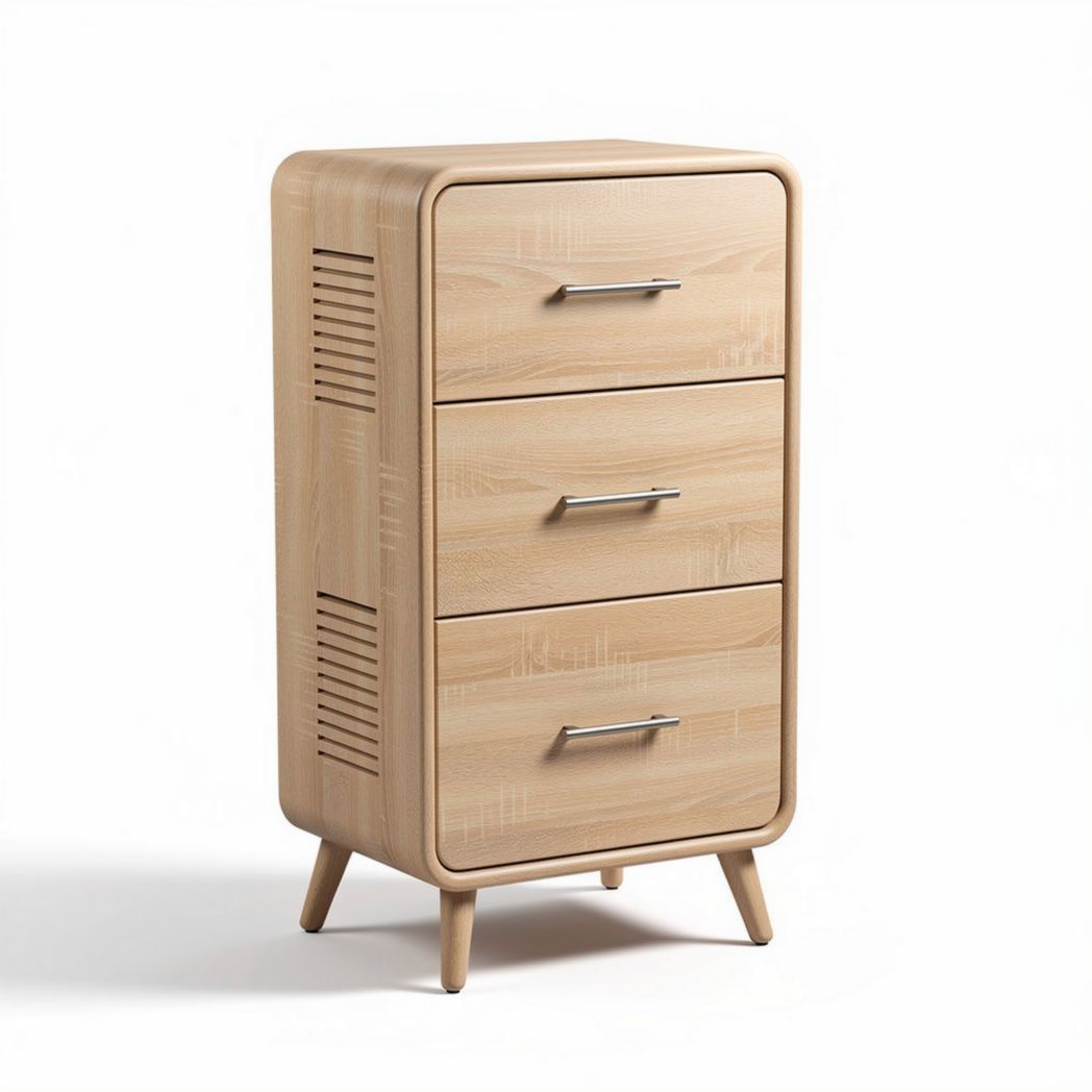 Wooden three-drawer storage cabinet with modern design in natural finish