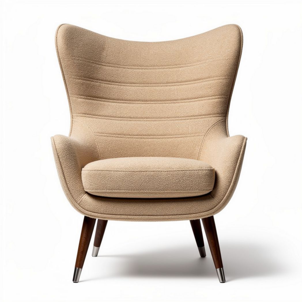 Mid-century modern accent chair in beige fabric with wooden legs 80 x 75 x 100cm