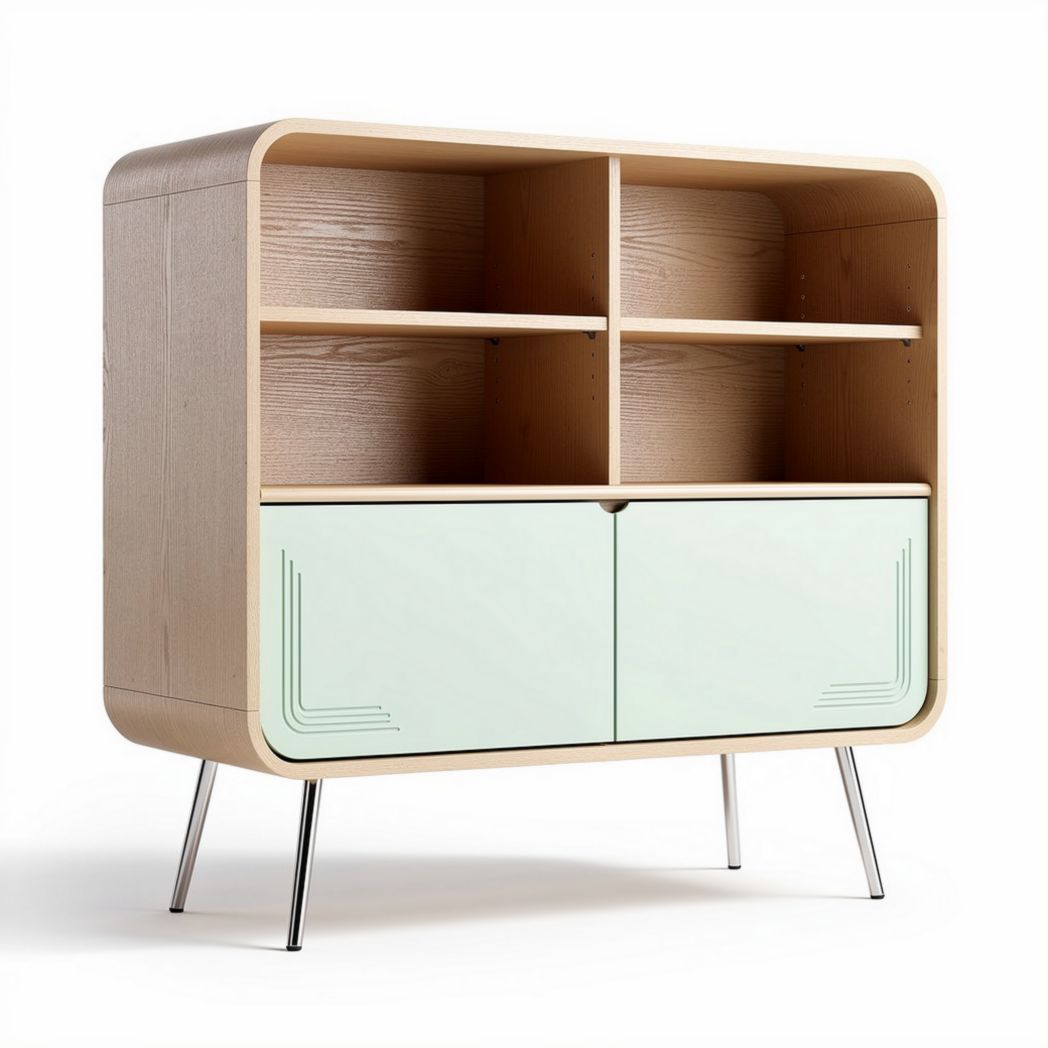 Wooden storage cabinet with mint green doors and open shelving 120 x 40 x 90cm