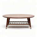 Oval wooden coffee table with lower shelf and metal accents 120 x 60 x 40cm