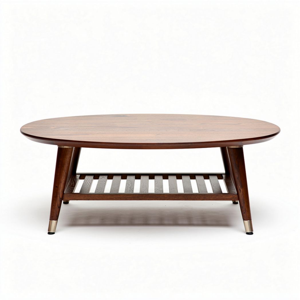Oval wooden coffee table with lower shelf and metal accents 120 x 60 x 40cm